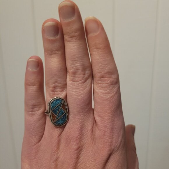 Southwest Style Silver Turquoise and Coral Ring - Picture 2 of 3